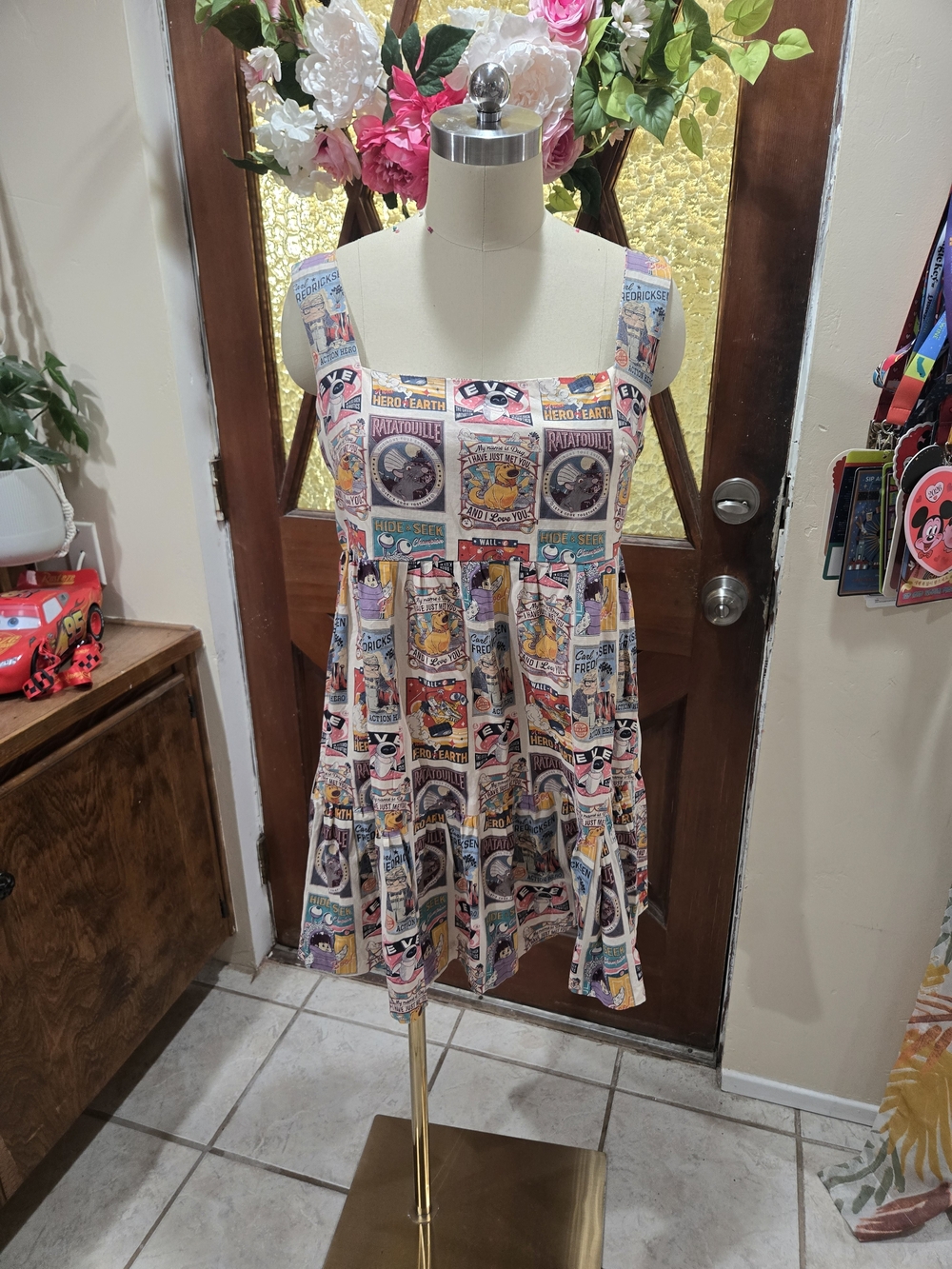 Sleeveless Comic-Panel Print Mini Dress in Pink Multi